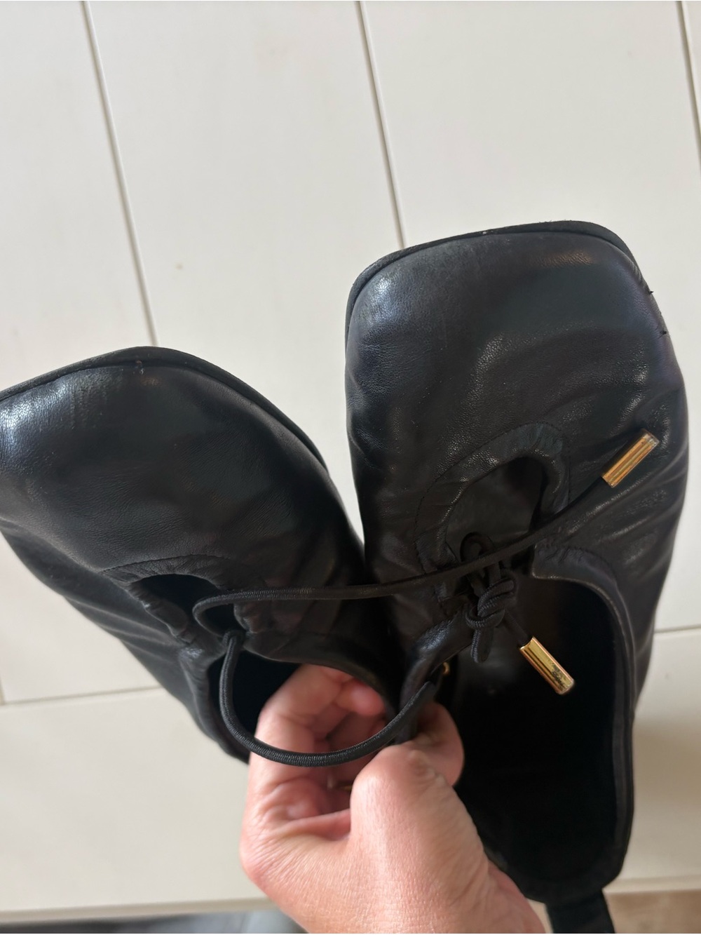 ALOHAS Black Leather Ballet Flats with Drawcord and Gold Accents - Picture 5 of 6
